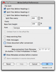 preferenze dell'estensione writer2epub
