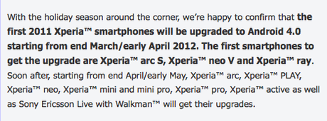 La famiglia Xperia di Sony Ericsson sarà aggiornata ad Ice Cream Sandwich ad Aprile 2012