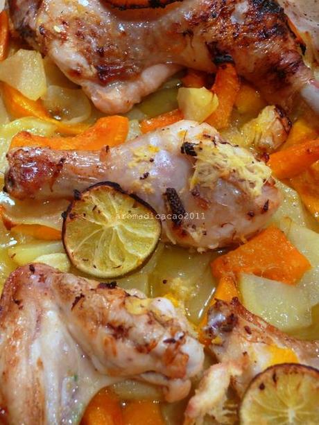 Cosce di pollo allo zenzero, zucca e patate