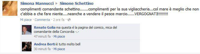 RIDIAMOCI SU : Il comico Simone Schettino scambiato per il comandante della Concordia.Insulti sulla sua pagina Facebook