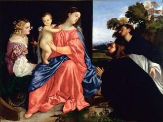 Tiziano Vecellio, Madonna col Bambino tra i santi Caterina e Domenico, e il donatore (Sacra Concersazione), olio su tela, 1513 ca, Mamiano di Traversetolo (Parma), Fondazione Magnani Rocca