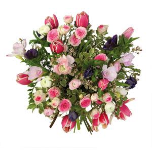 Bouquet fiori misti colorati con anemoni rossi, margherite bianche, rose rosse, garofani fuxia e alchemilla, trachelium, foglie variegate e galax