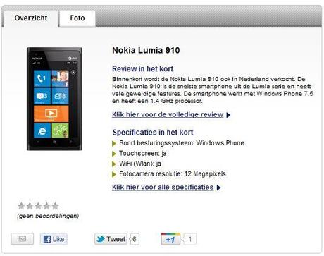 Nokia Lumia 910 Windows Phone Tango fotocamera 12 Megapixel su sito Olandese