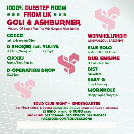 Venerdì 3 Febbraio Bologna 1000% Dubstep Night Serata al Kindergarten ! feat. GOLI & ASHBURNER from UK!!!