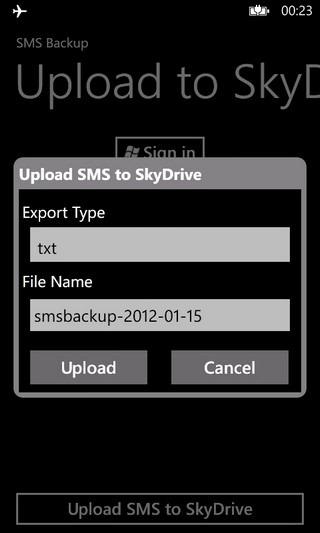 SMSBackup Upload Options Come fare un backup e un ripristino degli SMS con Windows Phone