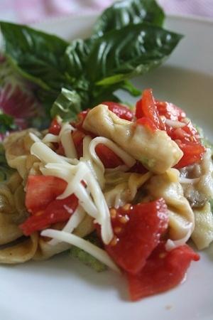 Ravioli con le melanzane e dadolata di pomodori.