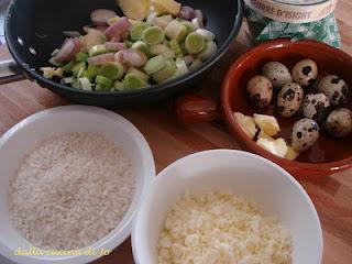 Risotto porri, cipolle e scalogni con uova di quaglia