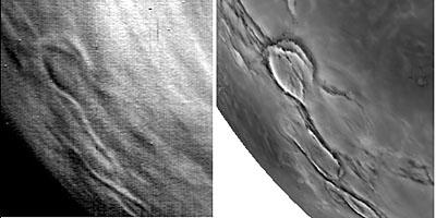 Comparazione di unimmagine infrarossa della superficie di Venere a 1.02 μm scattata il 5 giugno 2007 dalla Venus Express (a sinistra), con unimmagine radar della stessa zona ripresa nel 1990 dalla sonda Magellano (a destra). Credits: ESA/VIRTIS/INAF-IASF/Obs. de Paris-LESIA e NASA Fonte:http://www.esa.int/esa-mmg/mmg.pl?b=b&type=I&mission=Venus%20Express&single=y&start=39&size=b  