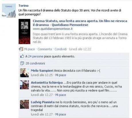 La tragedia del cinema Statuto ed i ricordi su Facebook