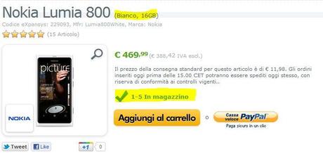 Nokia Lumia 800 Bianco (White) disponibile su Expansys ITA