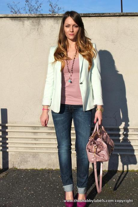 Blazer verde menta & Miu Miu Bow Bag