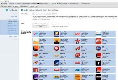 settings Radio in streaming da Chrome con Radio Player Live 