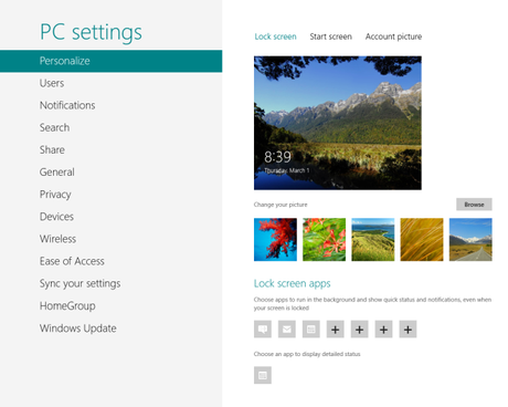 Windows 8 PC Settings Personalize Lock Screen3 Impostazioni di Sistema di Windows 8 [La Guida Completa]