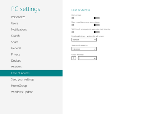 Windows 8 PC Settings Ease of Access Impostazioni di Sistema di Windows 8 [La Guida Completa]