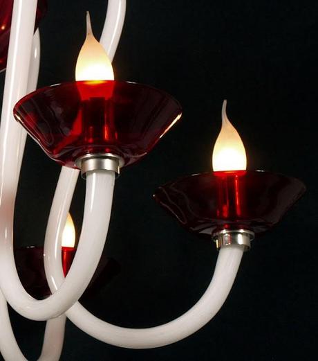 Lampadario design moderno vetro murano lattimo bianco rosso