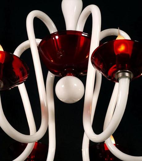 Lampadario design moderno vetro murano lattimo bianco rosso