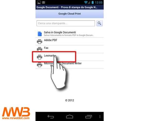 18-selezioniamo la stampante per stampare  da samsung galaxy nexus