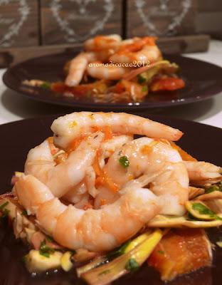 Gamberi a vapore e Carciofi marinati all'arancia