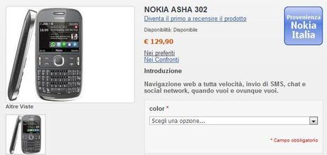 Nokia Asha 302 disponibile su nstore.it