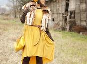curry-colored asymmetrical dress
