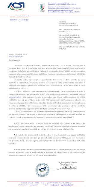 Comunicato ufficiale Acsi