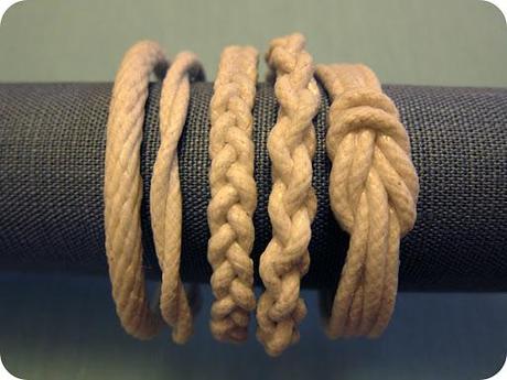 Twist, braid or knot rope in the design you prefer. Loop your design to make sure the inside diameter measures about 2 1/2 inches (small), 2 5/8 inches (medium), or 2 3/4 inches (large).