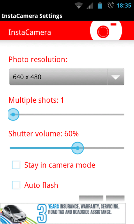 InstaCamera Settings InstaCamera, scattare foto in un istante con Android