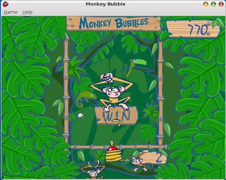 MonkeyBubble gioco dove due simpatiche scimmie spararano palle colorate utilizzando il serpente-molla.