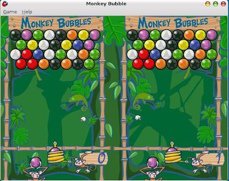 MonkeyBubble gioco dove due simpatiche scimmie spararano palle colorate utilizzando il serpente-molla.